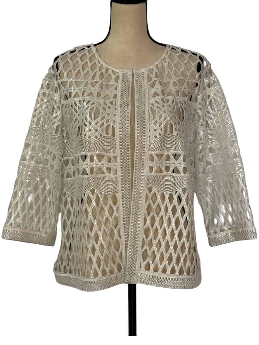 Chico’s Travelers 2P White Silver Foil Open Weave Mesh Jacket Cardigan P Large